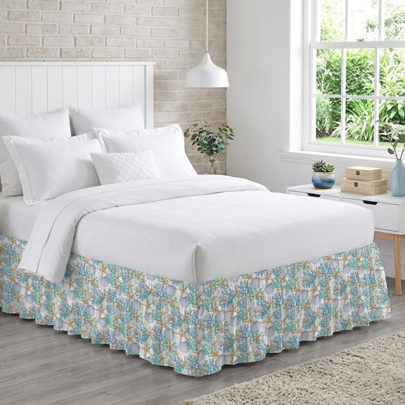 Seashell Starfish Bed Skirt Queen Size 16 Inch Drop, Coastal Green Blue Coral Sand Dollars Adjustable Elastic Dust Ruffles Bedskirt for Queen Bed Wrap Around Pleated Mattress Frame Cover