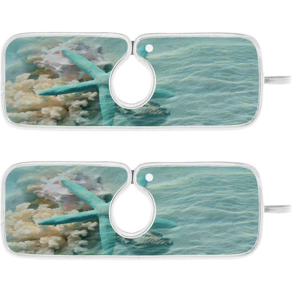 Seashell Starfish Coastal Sink Splash Guard for Faucet 2 Pack Faucet Absorbent Mats, Summer Beach Sea Water Faucet Handle Drip Catcher for Kitchen, Bathroom,Sink Mat, Dish Drying Mat, 30"x5.5"