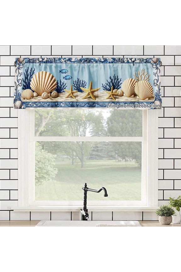 Seashell Starfish Coral Fish Pattern Polyester Rod Pocket kitchen Valances Curtains for windows 54x18 inch