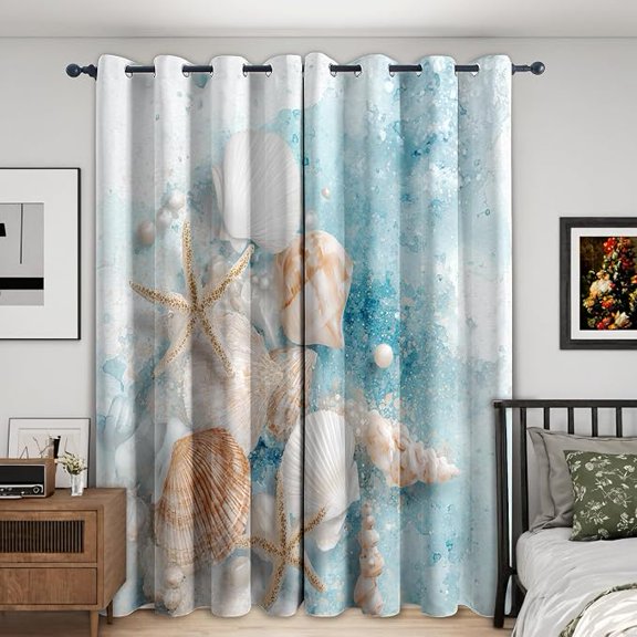 Seashell Starfish Curtains for Living Room, Coastal Ocean Beach Themed Blackout Curtains, Seashell Starfish Room Decor, Thermal Darkening Bedroom Window Drapes, Grommets 26"W x 63"L (Pack of 2)