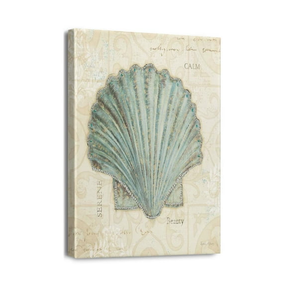 Seashell & Starfish Galore 12x16inch Beach Wall Art, Bathroom Paintings, Blue Ocean Themed Canvas Pictures, Contemporary Nautical Decorations & Posters, Perfect Bedroom Accents