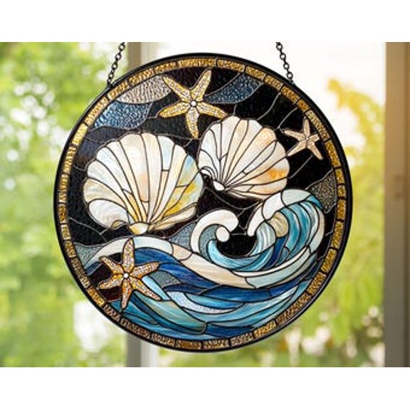 Seashell Starfish Glass Suncatcher: Coastal Ocean Wave Window Hanging, 3.5 in