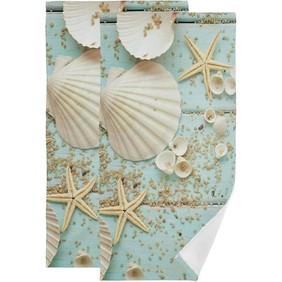 Seashell and Starfish Hand Towel Set of 2, Absorbent Blue Board Bath Towels Soft Seashells Fingertip Face Towel Breathable Starfish Dish Towel for Bathroom Kitchen Hotel Spa Decor Gift 28.3x14.4in