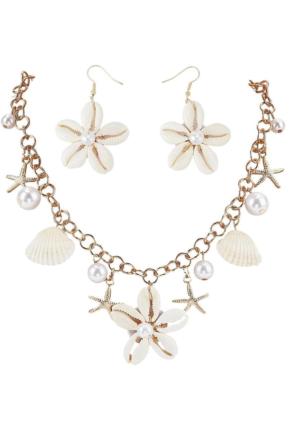 Seashell Starfish Jewelry Set Boho Shell Costume Jewelry for Women Pearl Starfish Seashell Beach Ocean Summer Necklace Earrings for Cosplay Beach Travel Beach Party Colorful