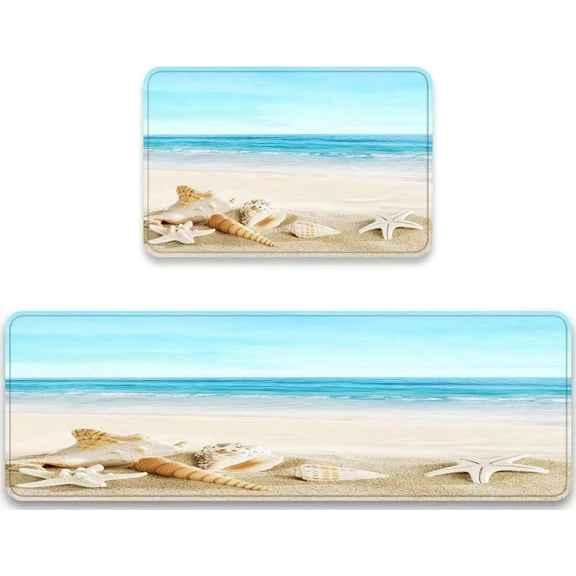 Seashell Starfish Kitchen Rug Sets 2 Pieces Blue Sky Summer Seascape Sand Beach Coastal Comfort Floor Mats Washable Doormat Anti Fatigue Non-Slip Area Runner Rugs Carpet for Home Kitchen Bedroom