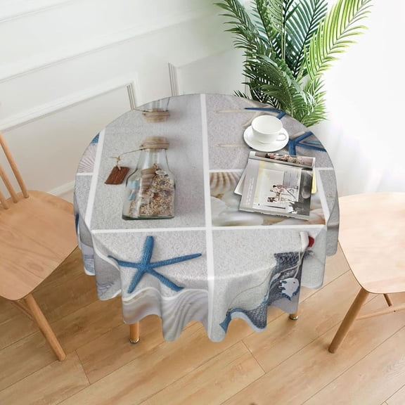 Seashell Starfish Lighthouse Round Tablecloth 60 Inch, Washable Polyester Table Cloth Cover, Water Resistant Spill Proof Table Cloth for Kitchen Holiday Dining Room Party Picnic Decor
