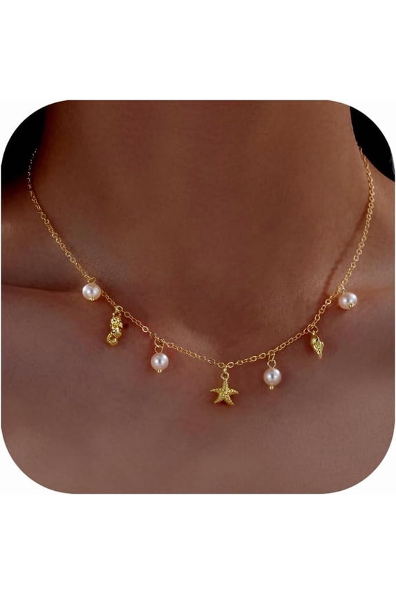 Seashell Starfish Necklace for Women Conch Shell Summer Pearl Beach 14k Gold Layered Dainty Choker