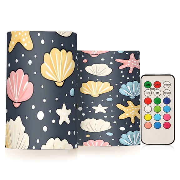 Seashell Starfish Ocean Floor Flickering Flameless Candles Battery Operated with Remote Timer LED Pillar Candles Set of 2