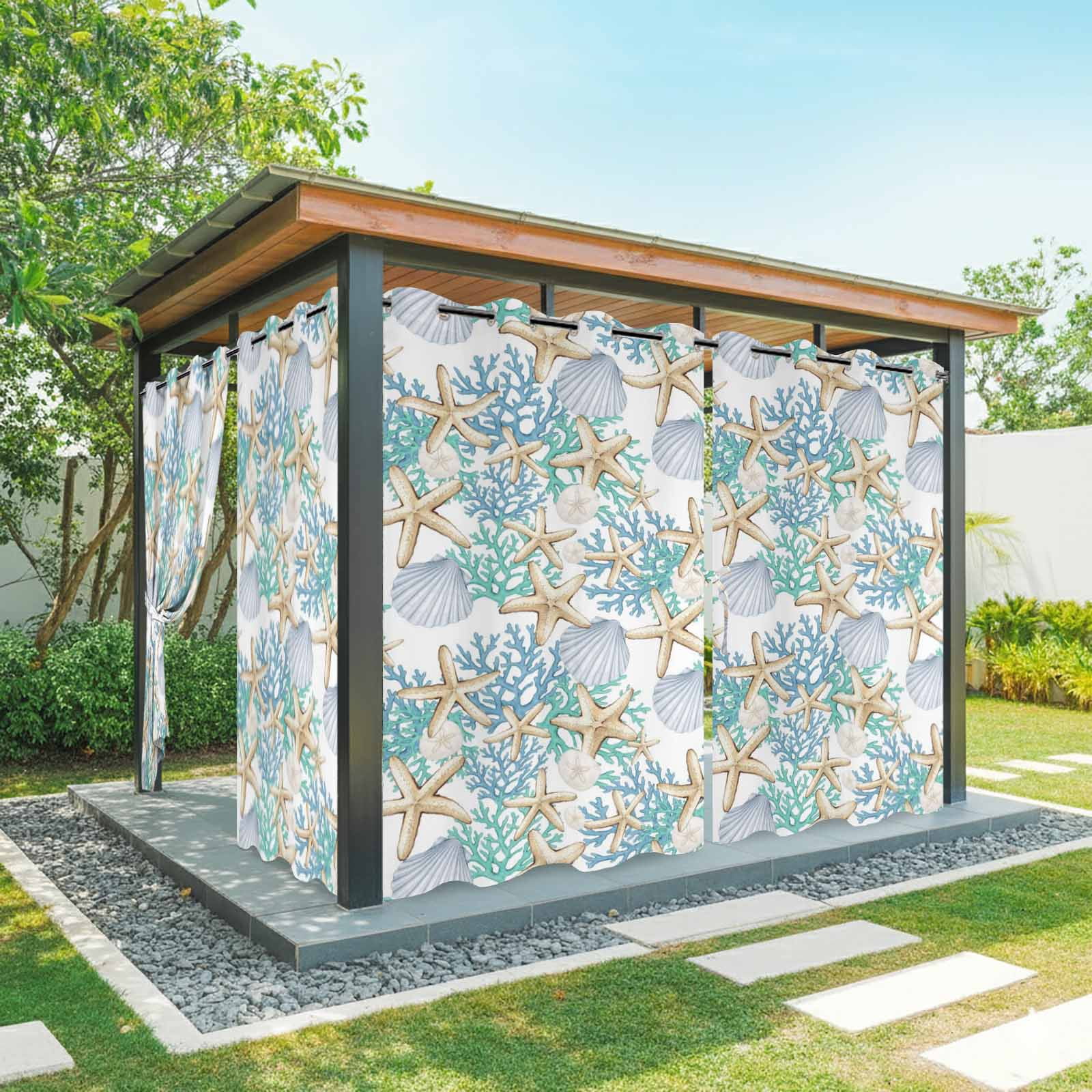 Seashell Starfish Outdoor Curtains for Patio, Coastal Green Blue Coral Sand Dollars Sunshade Privacy Drapes Grommet Waterproof Outside Curtains for Porch/Cabana/Balcony 54"x 95", 2 Panel