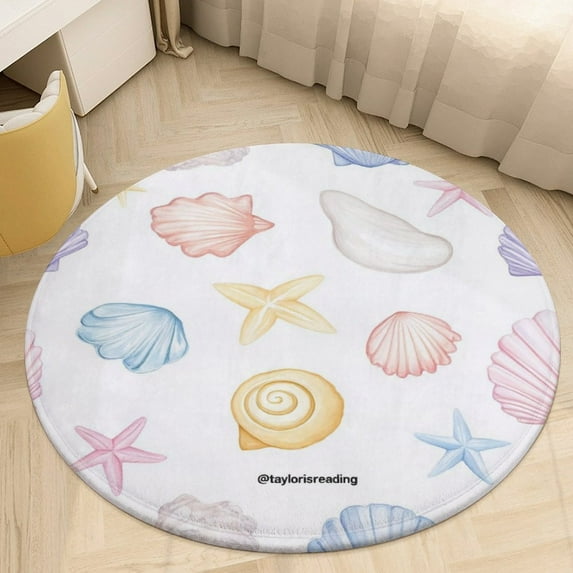 Seashell Starfish Pattern_1 Round Area Rugs for Bedroom Living Room, 5FT Soft Comfy Indoor Circle Carpets, Carpet Home Decor Floor Mat