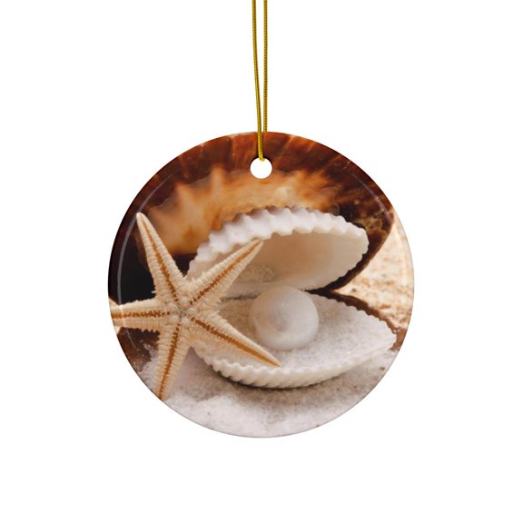 Seashell Starfish Pearl Christmas 2D FLAT CIRCLE Ceramic Ornament