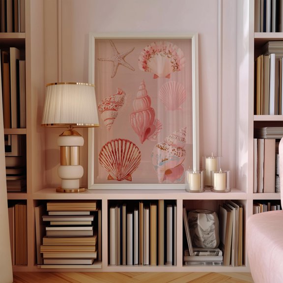 Seashell Starfish Print Pink Coastal Cottagecore Wall Art, Poster Only