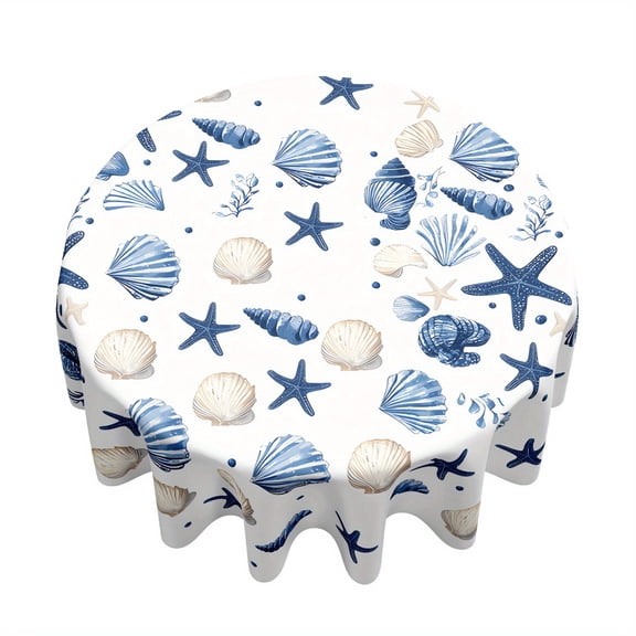 Seashell Starfish Round Restaurant Tablecloth Rustic Style Suitable for Dining Rooms Kitchens and Picnics Waterproof Table Cover 60 inch