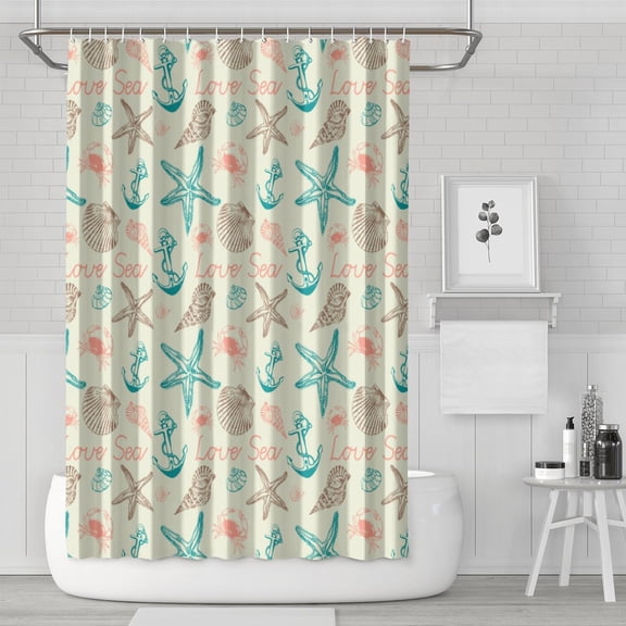 Seashell and Starfish Shower Curtain with Tropical Marine Life, Nautical Coral, Cute Spiral Seashell Print, Beach Sea and Fish Pattern, Waterproof Fabric with Hooks