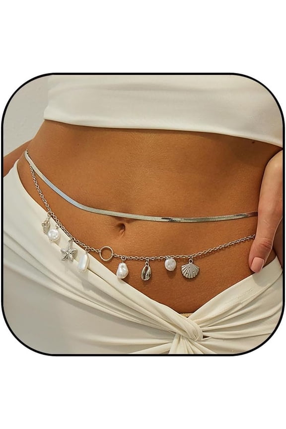 Seashell Starfish Waist Chain for Women Layered Pearl Shell Waist Chain Boho Conch Starfish Tarien Body Chains Summer Beach Waist Body Jewelry for Women