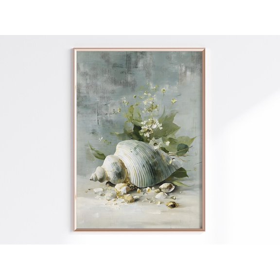 Seashell Still Life Wall Art, Coastal Beach Decor, Ocean Shells With Wildflowers For Seaside Cottage Decor Home Decor #1180, Unframed Poster Size 8x12