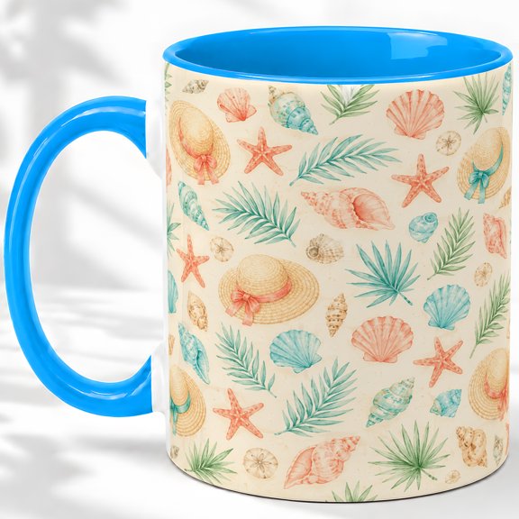 Seashell Straw Hat Accent Mug, 11oz Ceramic Coffee Cup for Beach Lovers