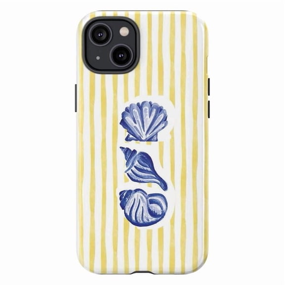 Seashell Stripes Phone Case, Blue Shell Art on Yellow Stripe iPhone Cover, Minimal Coastal Vibes for iPhone 16 15 14 13 12 11 Pro Max Plus Mini