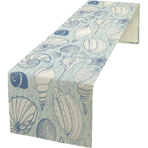 Seashell Table Runner, Vintage Blue Coastal Corals Sea Beach Sealife Theme Dinner Runner for Home Kitchen Dining Table Decoration 13"x70"