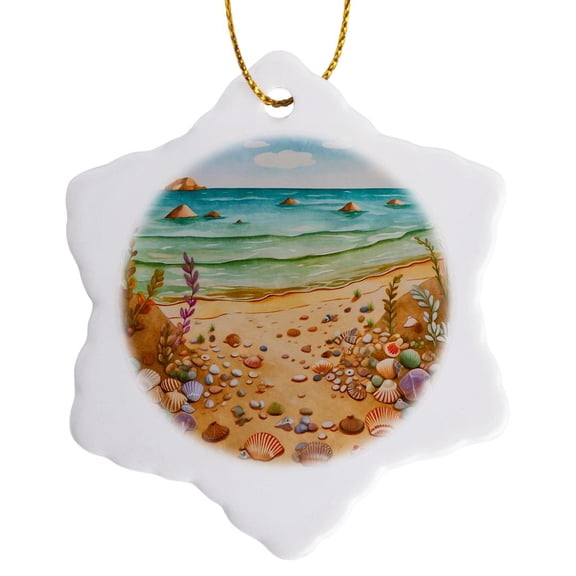 3drose, Seashell Tranquil Beach Background, 3 inch Snowflake Porcelain Ornament