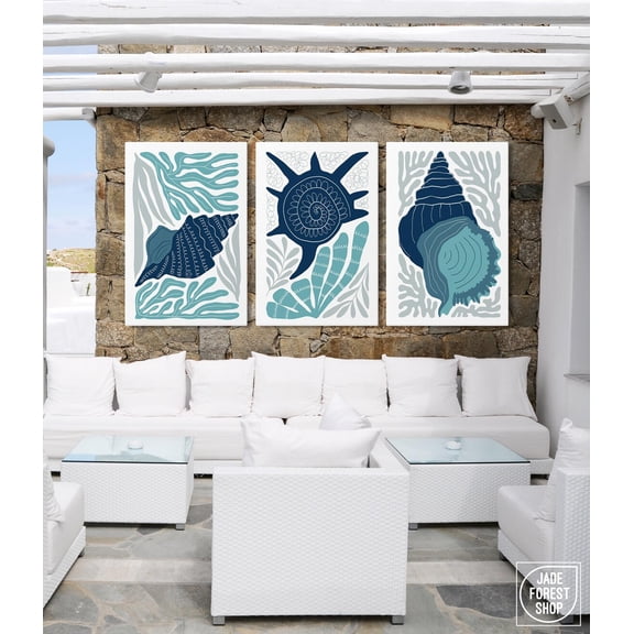 Seashell Triptych Set of 3 Blue Green Coastal Canvas Wall Art Modern Beach Gallery Decor Set 3