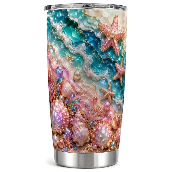 Seashell Tumbler 20oz, Starfish Tumbler, Coastal Stainless Steel Travel Cup