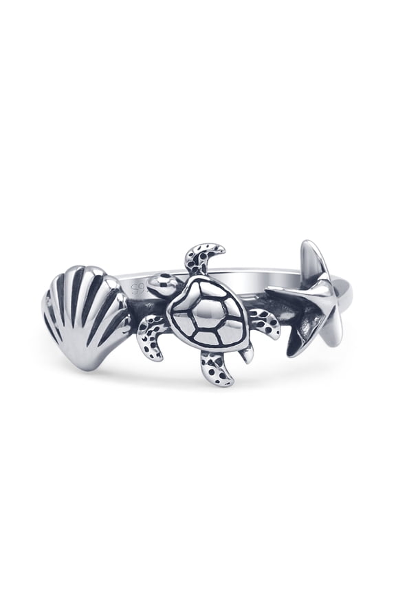 Seashell Turtle & Starfish Oxidized Ring 925 Sterling Silver Size 6