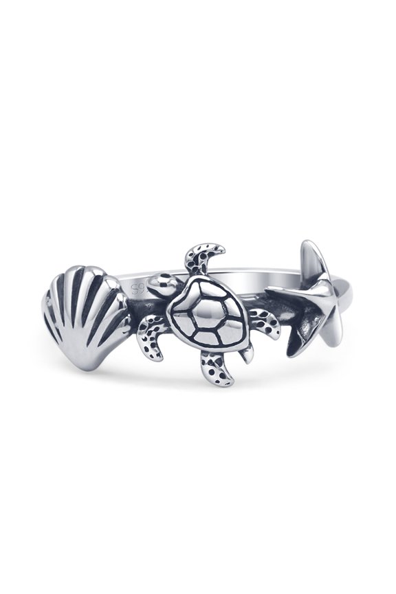 Seashell Turtle & Starfish Oxidized Ring 925 Sterling Silver Size 9