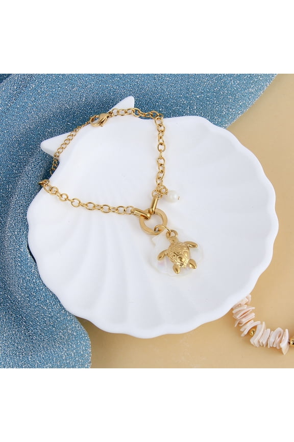 Seashell, Turtle, and Bead Charms Bracelet Stainless Steel 18k gold plated, Natural shell, Elegant Ocean-Inspired Jewelry for Women
