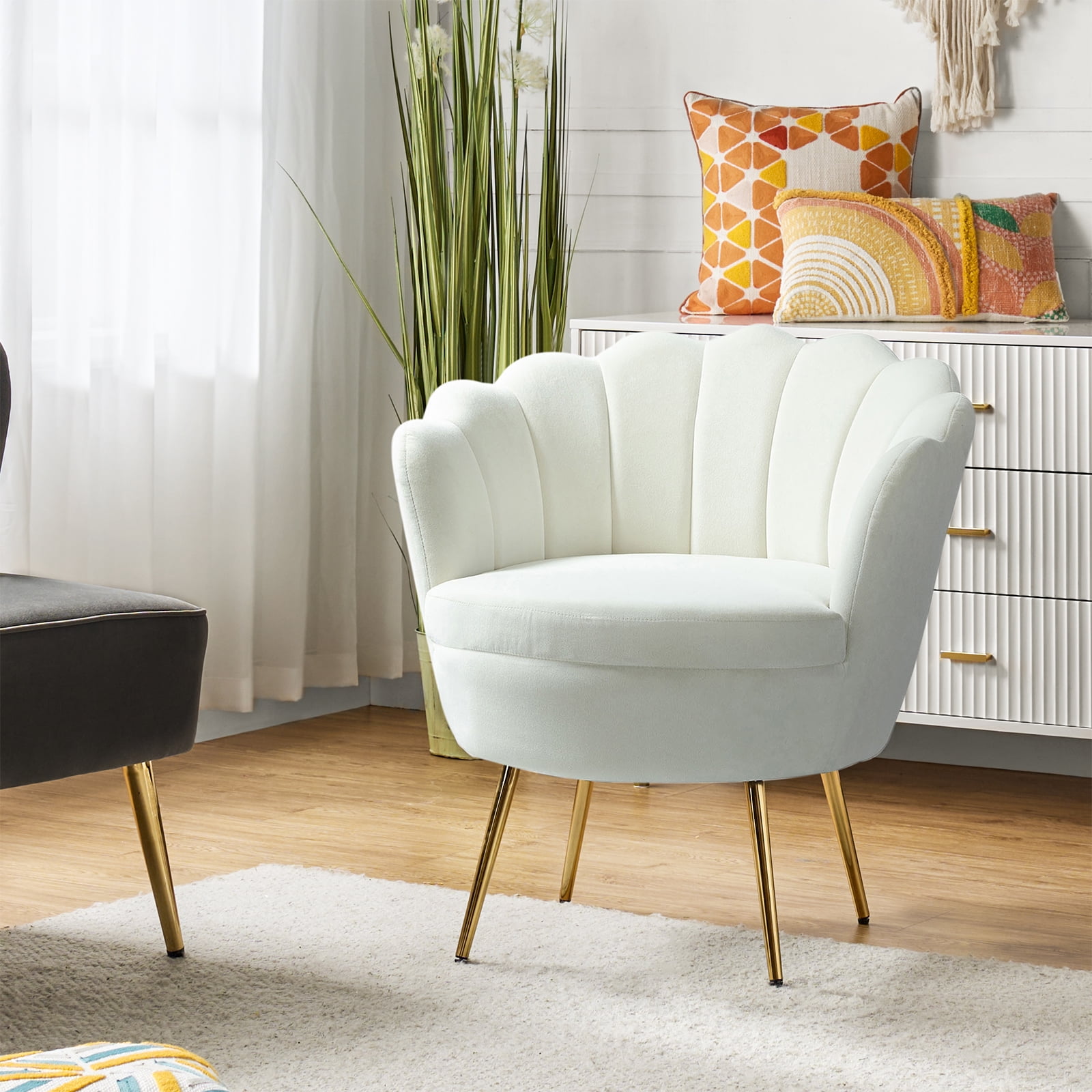 Ivory Velvet Barrel Chair with Gold Legs