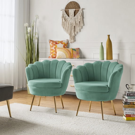 Seashell Upholstery Barrel Chairs Set of 2 Velvet Lounge Armchairs Gold Legs Home Living Room Bedroom