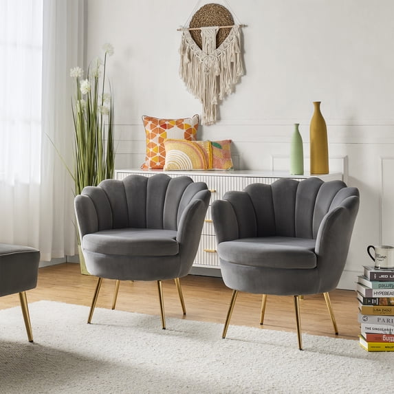 Seashell Upholstery Barrel Chairs Set of 2 Velvet Lounge Armchairs Gold Legs Home Living Room Bedroom