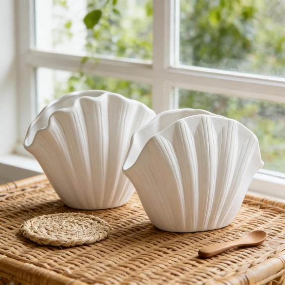 Seashell Vase Set of 2, Ivory White Matte Ceramic Sea Shell Vases, Coastal Clam Shell Shaped Shell Vases Decor for Table Centerpieces, Beach Nautical Vase for Pampas Grass, Ocean Home Decor Accents