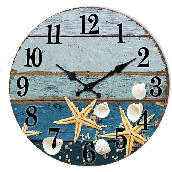 Seashell Wall Clock, 12 inches, Silent Non-Ticking Quartz Mechanism, Easy to Read, Lightweight Wooden Beach Theme
