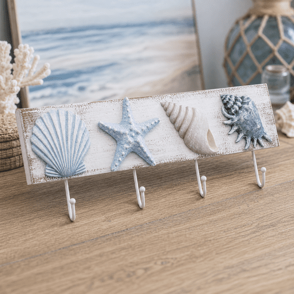 Seashell Wall Hooks Towel Rack, 4 Hooks, Decor for Bathroom Bedroom Kitchen