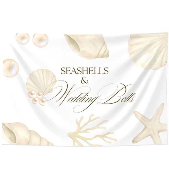 Seashell And Wedding Bell Fabric Backdrop Champagne Pearl White Ocean Element Printed Background For Beach Weddings Bridal Showers And Anniversary Celebration Photo Booth Decor