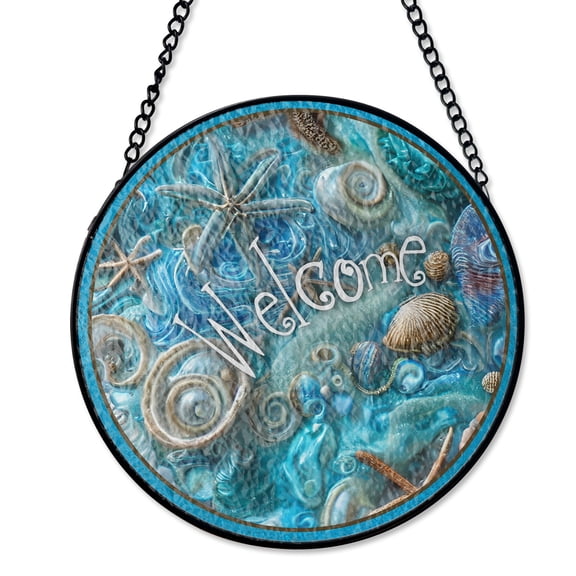 Seashell Welcome Coastal Beach House Suncatcher Stained Glass Style UV Printed Glass Ocean Theme Decor Round