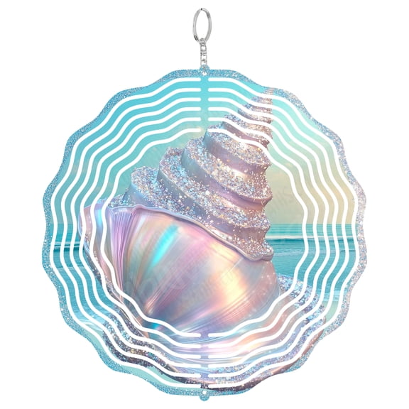 Seashell Wind Spinner Metal Outdoor Decor Sparkling Coastal Aqua Blue Iridescent