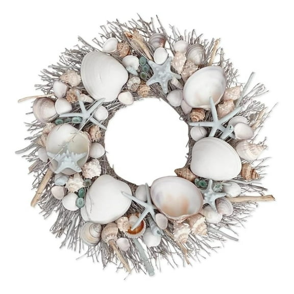 Seashell Wreath 20 Inch - Coastal Summer Decor - Natural Preserved Shells - Spring Wreath for Front Door - Blue & Beige Beach Home Decoration