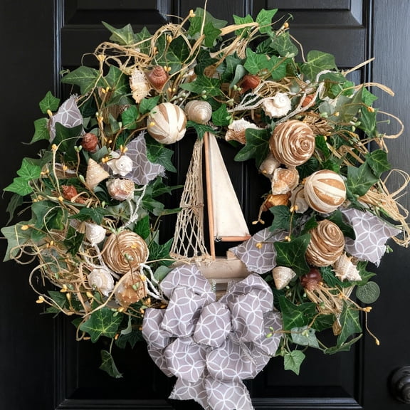 Seashell Wreath with Greenery and Wood, Indoor Outdoor All Seasons Decor