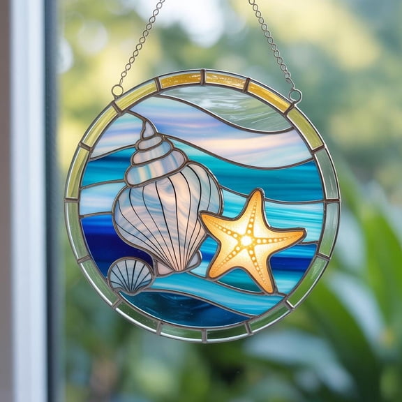 Seashell and Starfish Acrylic Suncatcher, Ocean Beach Window Hanging, Nautical Coastal Decor, Seashell Window Ornament, Beach House Decor