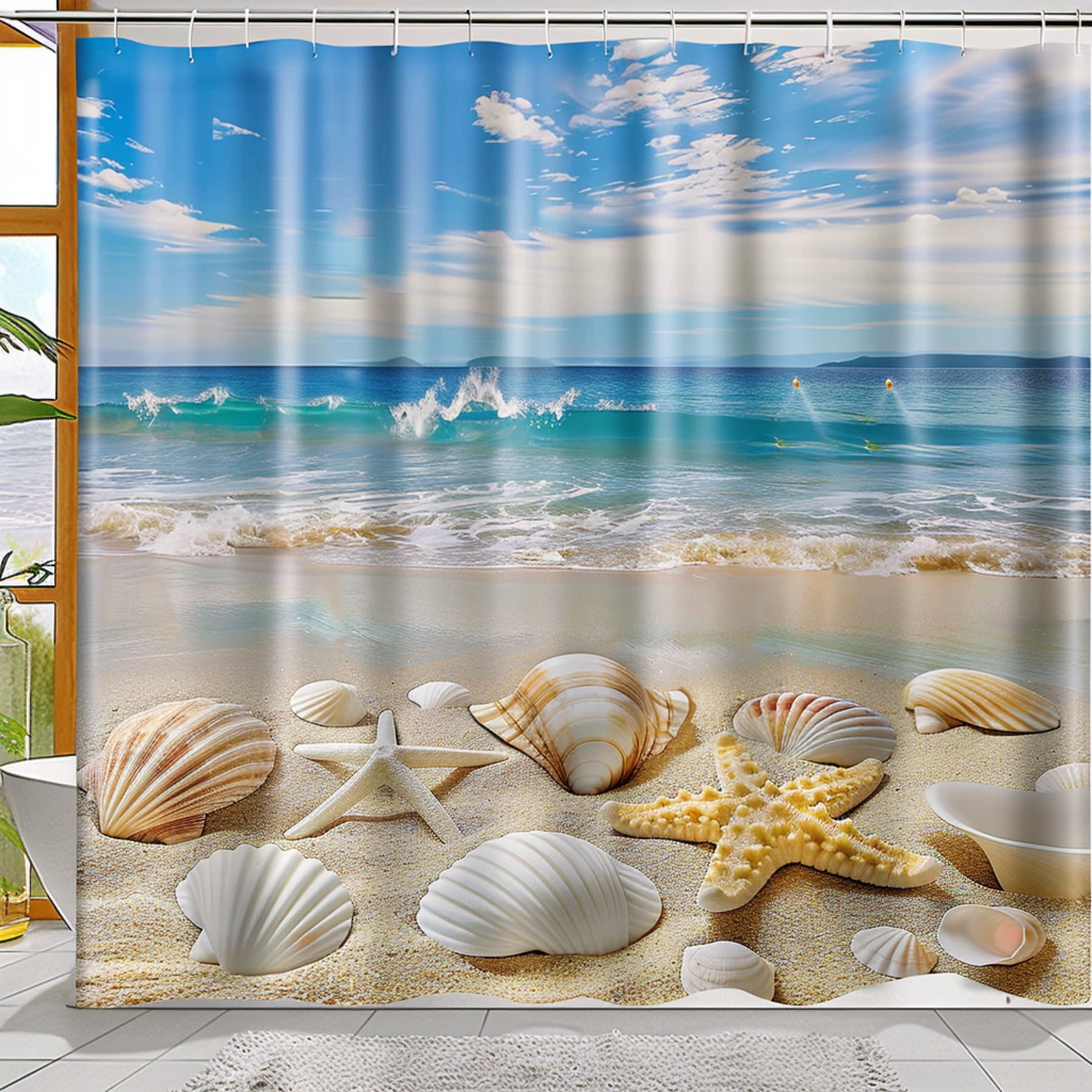 Seashell and Starfish Beach Scene Shower Curtain Hyper Realistic Nature