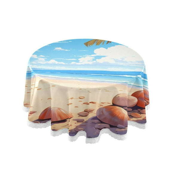 Seashell on Beach Palm Tree Round Tablecloth 60" Reusable Circle Table Cover Washable Table Cloth for Kitchen Dining Room Patio Wedding Party