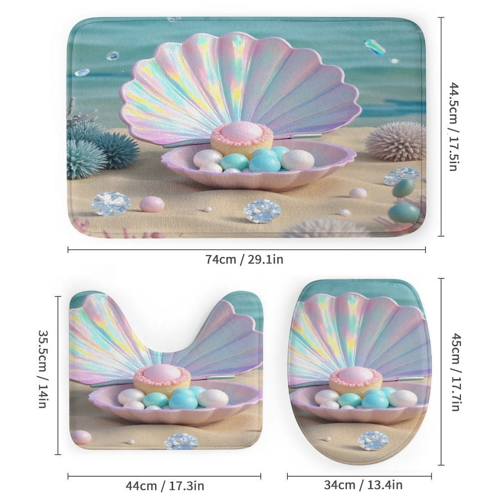 Seashell with Pearls And Gems Bathroom Rugs Sets 3 Piece Toilet Lid ...