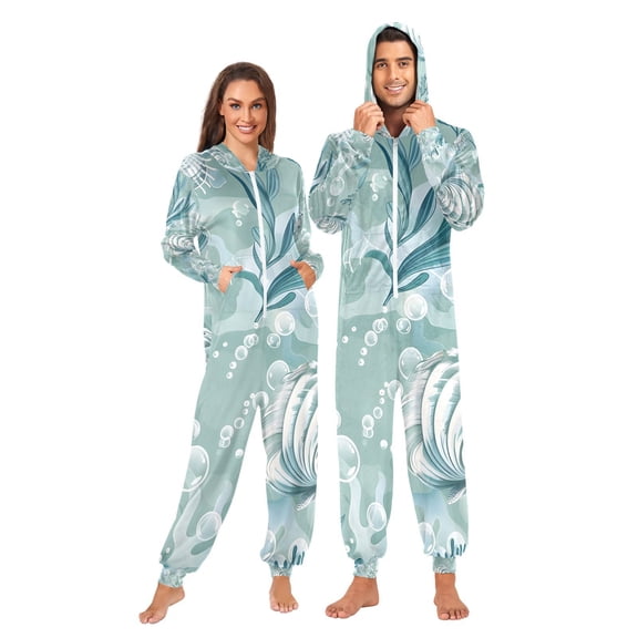 Seashells Algae Bubbles Adult Onesie Pajamas Slim Fit Christmas One Piece Suit Pjs for Women and Men Hooded Zipper