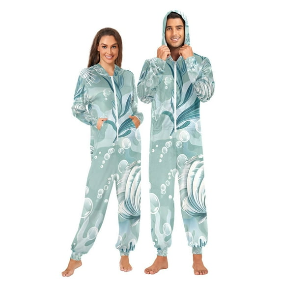 Seashells Algae Bubbles Adult Onesie Pajamas Slim Fit Christmas One Piece Suit Pjs for Women and Men Hooded Zipper