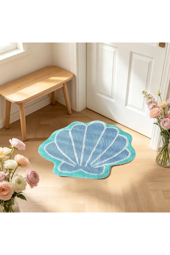 Seashells Bathroom Rug, Ocean Decor Shell Bath Mat Gifts, Cute Seashell Shaped Bath Rugs for Sea Room Decor, Machine Washable & Non-Slip Bath Mat, 16x16 Inch