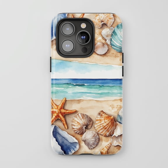 Seashells Beach Design for All iPhone Series Protective Phone Case Watercolor Beach Theme