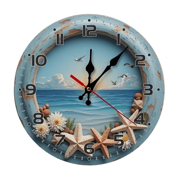 Seashells Beach Sunset MDF Wood 10in Round Wall Clock, Silent Non-Ticking Battery Operated, Ideal for Living Room, Kitchen, Bedroom, Bathroom, Office, Classroom Decor