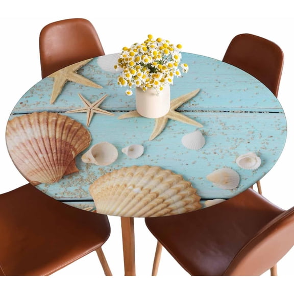Seashells Border Tablecloth Round Sand Summer Beach Shell Plank Waterproof Wipeable Table Cloth Cover Table Pad Cover for Dining Room Fitted Table 40-44 inch